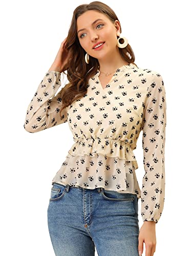 Allegra K Women's Floral Print Ruffle Split Neck Long Sleeves Chiffon Peplum Blouse Small Yellow #TOP27