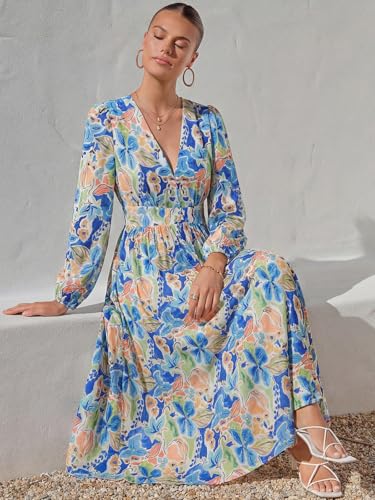 Image of Maxigerui Women's Long Sleeve Floral Maxi Dress 2026 Spring Summer Wedding Guest Dress Blue Doodle Floral Print Dress XL