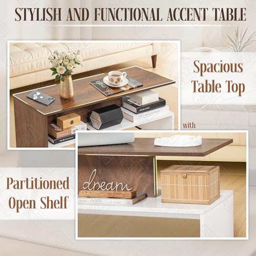 Image of ABOUT SPACE Coffee Table - Portable Wooden Centre Table with Open Partition Storage - DIY Furniture - Sofa Tea Poyee for Living Room, Home, Office (White & Walnut - L 90 x B 40 x H 43 cm)