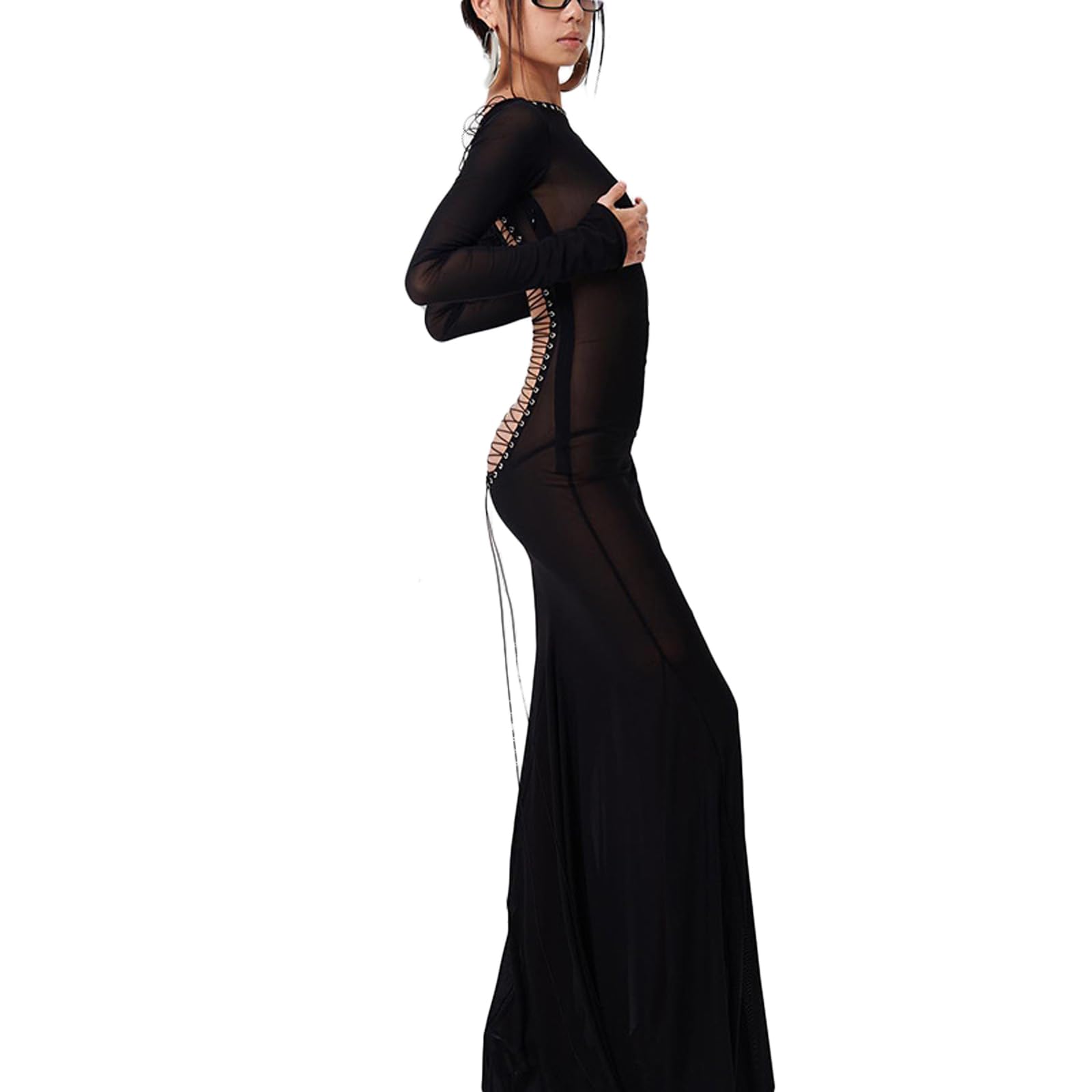Geagodelia Robe Maxi-Longue Dos Nu en Mesh à Manches Longues, Robe Transparente Sexy Moulante en Bandage pour Soirée Cocktail Fête (Noire, Taille Unique)