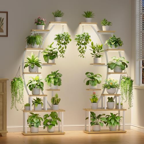Image of BACEKOLL Plant Stand Indoor with Grow Lights, 9 Tiered Metal Plant Shelf, 64 inch Tall Plant Stand for Indoor Plants Multiple, Large Plant Rack Display Shelf, Curved Plant Holder for Living Room, White