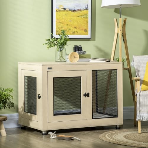 PawHut Hundekäfig Möbel mit 2 Türen waschbaren Kissen Moderne Stahl Hundebox für Zuhause Indoor Hundehütte für große Hunde bis zu 30 kg Hundehaus 94x60x71,5 cm Eiche