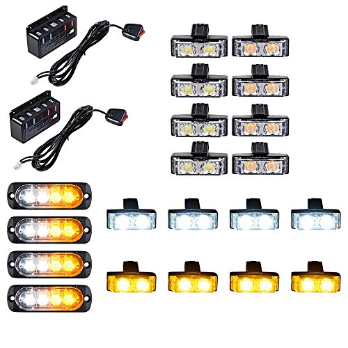 4pcs Amber/White Ultra Slim 4-LED Strobe Light Bar + 16pcs (8 White + 8 Amber) 2-LED Flashing Grille Light Kit Emergency Warning Hazard Construction Car Truck SUV Van