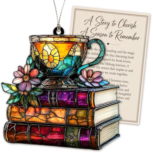 Book Christmas Ornament, Christmas Ornaments 2026, Book Lover Gifts for Women, Tea Cup Acrylic Suncatcher, Floral Books Design for Christmas Tree, Gifts for Readers and Book Lovers