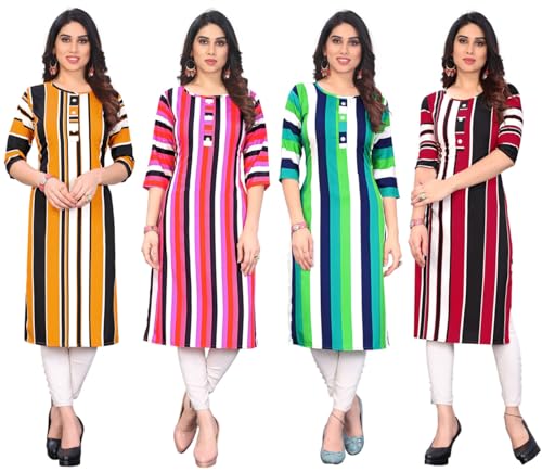 Image of JAKHANA Women's Crepe Printed Casual Straight Calf Length Round Nick Kurta Pack of 4