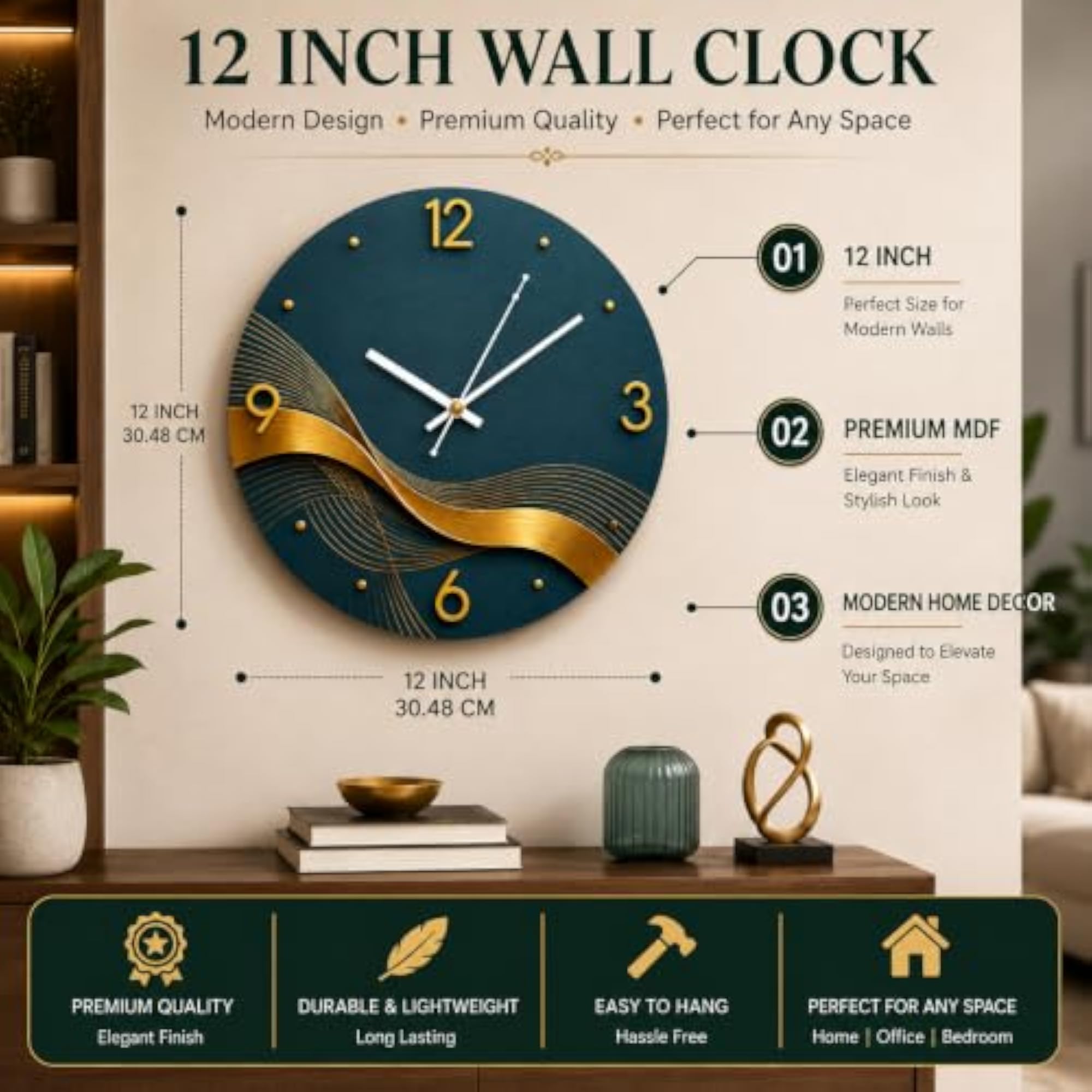 Gold Wave Inspired Wall Clock, Artistic Design