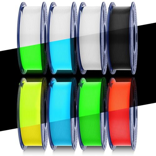 Image of SUNLU Glow in Dark PLA Bundle, Neatly Wound Luminous PLA 3D Printer Filament 1.75mm, Dimensional Accuracy + /- 0.02mm, 250g Spool 8 Packs. (Black White with 6 Spools of Glowing Blue /Green /Red /Yellow)