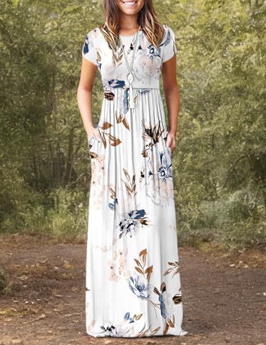 Image of MISFAY Women's Short Sleeve Maxi Dresses Long Casual Dresses with Pockets | Empire Elastic Waist, Crew Neck, Floor Length, Strentchy Flowy A Line Fit, Loose Plain Summer Outfits, Vacation Wear