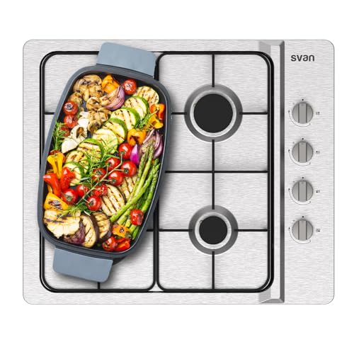 Svan Encimera de Gas Inox SG4600X. Potencia máx. 7500 kW, 4 Quemadores, con Ignición Automática, Parrillas Esmaltadas, Incluye Kit de Conversión Gas Natural