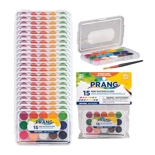 Prang Mini Watercolor Paint Sets (Bulk Pack of 24) Palette Tray and Brush 15 Assorted Colors Art Party Favors Prizes Stocking Stuffers