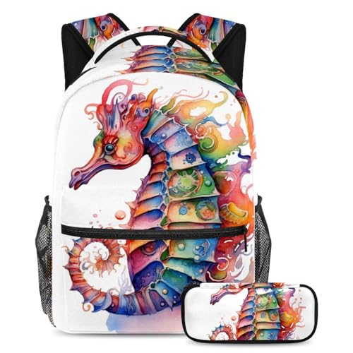 Cartable enfant et trousse Sea Horse | Grand sac à dos décoré à la main