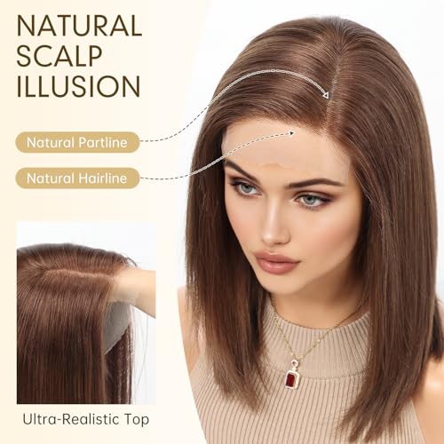 Image of KKU 100% Human Hair Lace Front Wig for Women- Pre-Plucked Natural Hairline, Side Part Brown Wig, 14 Inch, Soft & Natural Hair for Daily Use