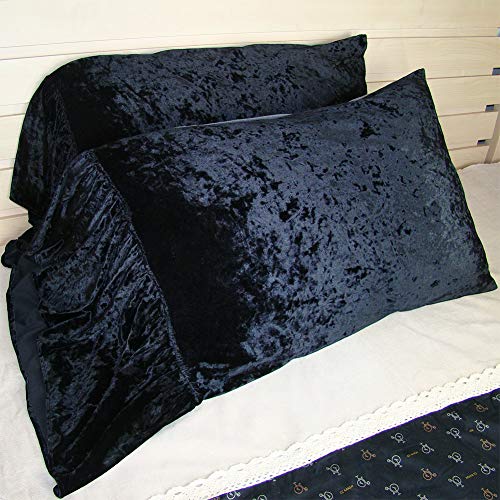 Velvet Ruffled Edge Mermaid Style Pillow Shams Shabby Chic French Country Pillow Cases Double-Sided Backed in Washed Cotton Standard/Queen Size Black (19x29inches)-Set of 2
