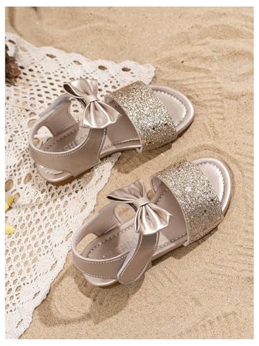 Verdusa Girl's Sparkly Dressy Sandals Summer Vacation Open Toe Flat Leather Bow Sandals2