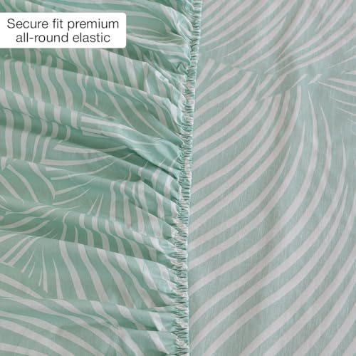 Image of HOMEMONDE 186 TC Soft Cotton Fitted Sheet Feather Printed Queen Size Elastic Fitted Bedsheet with Two Pillow Covers - (78 x 72 Inches, Mint Green Feather) | Perfect for Home Decor & Gifting