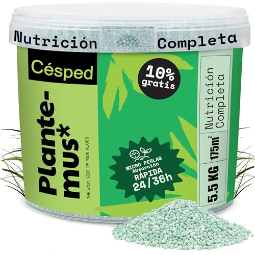 PLANTEMUS Abono Césped Nutrición Completa. NPK + Micronutrientes, Verde y Duradero, Fertilizante Granulado en Perlas Ultrasolubles, 5.5 KG, 175 m²