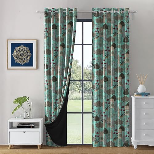 Image of LINENWALAS Pichwai Printed 100% Blackout Curtains for 7 Feet Door Set of 2 Panels, Thermal Insulated, Noise Reducing Luxury Drapes, Heritage Art Inspired Premium Curtains for Living Room (Aqua)