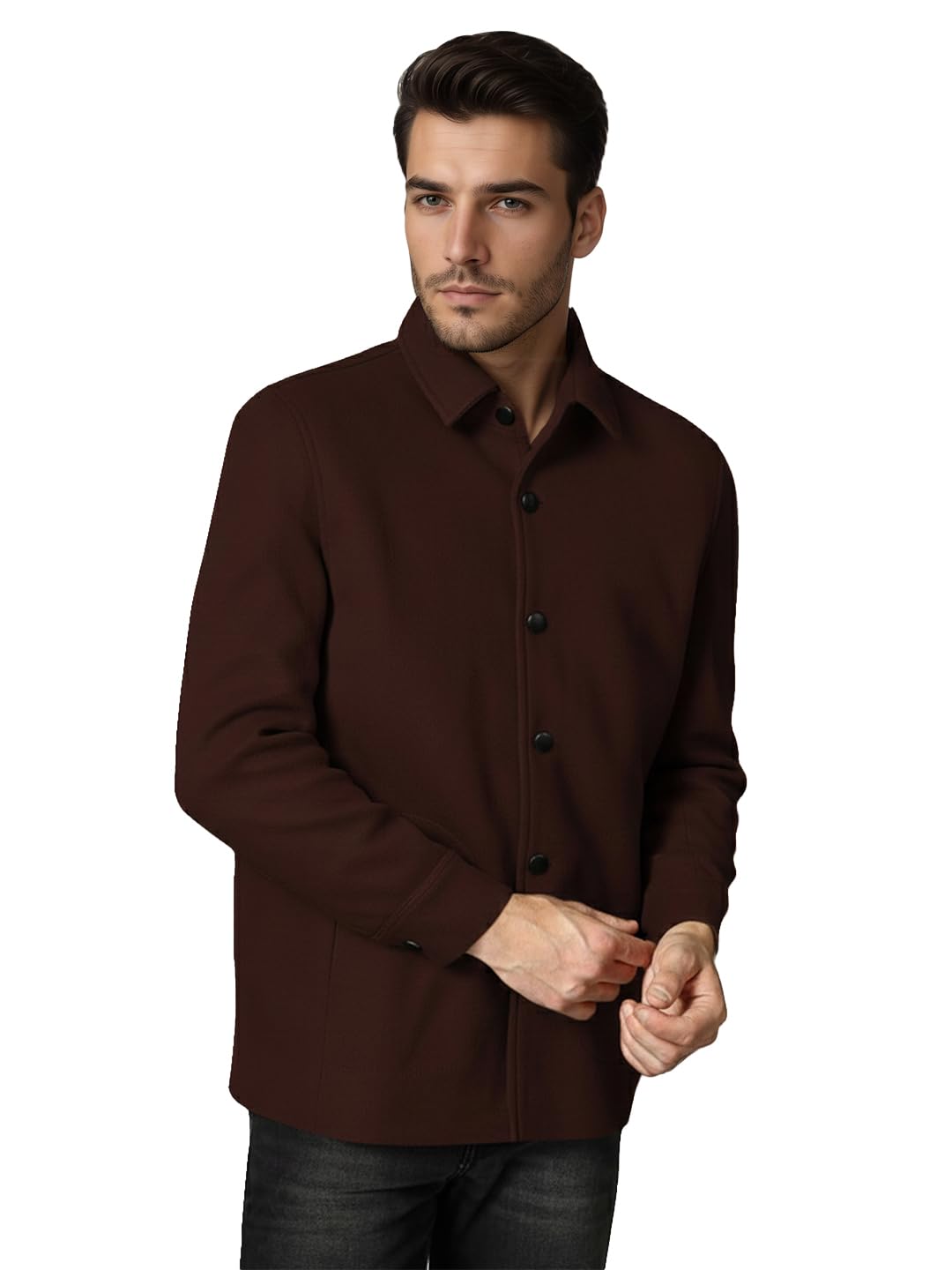 Men Tweed Modern Winter Coat Hip Length Single Breasted Overcoat With Spread Shirt Collar| Buttoned Cuffs And Front Side Pockets For Stylish Casual Or Formal Wear