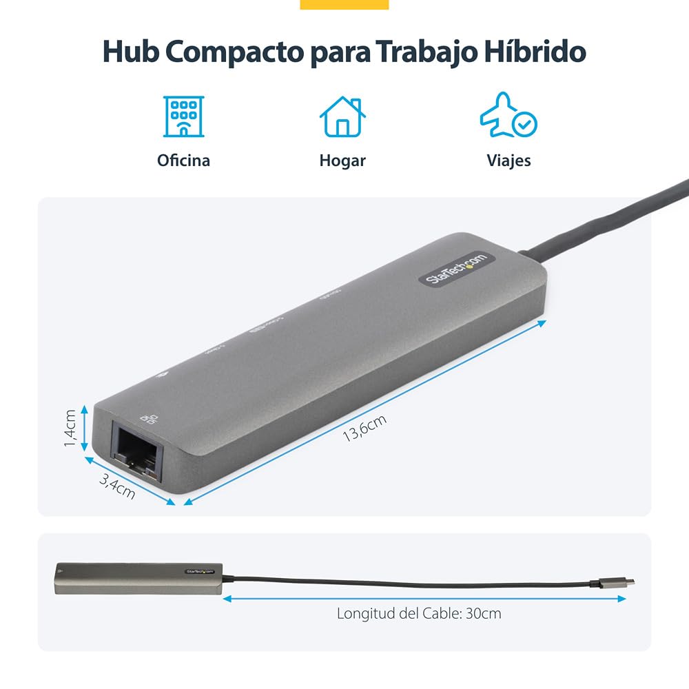 StarTech Mini Dock USB-C 7 en 1 HDMI 4K 60Hz, GbE, 2x USB, SD, 100W PD | Compatible con Thunderbolt, MacBook Pro/Air, Windows y macOS, Paso de dirección MAC y conmutación WiFi