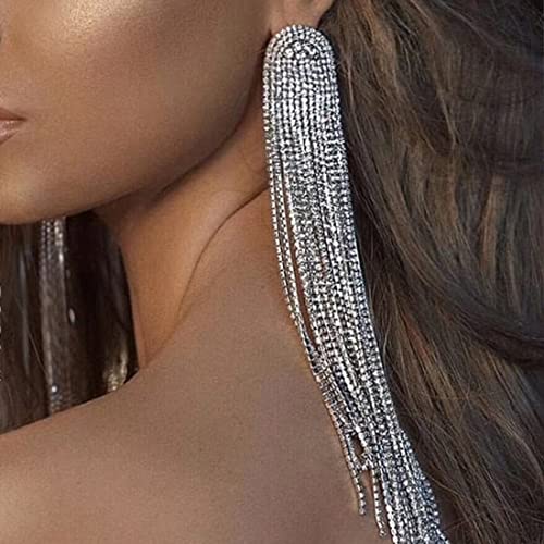 Wekicici Long Rhinestones Tassel Earrings Crystal Chandelier Tassel Long Big Statement Chain Dangle Drop Earrings for Women2