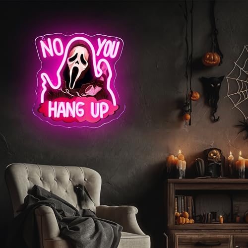 Image of Symone No You Hang Up Halloween Ghostface Mask Neon Sign, Halloween Skull Neon Light USB Powered, for Halloween Party Spooky Decor Neon Horror Decor Horror Movie Sign Halloween Gifts(11.8 * 11.6 In)