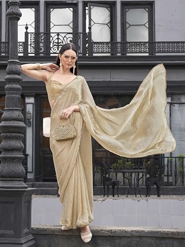 Image of Womanista Women's Ready to wear beige colored saree with embellished lace(TI7069 Beige Onesize)