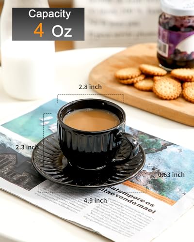 Hasense 4 Oz Espresso Cups with Saucers Set of 4, Ribbed Cappuccino Cups Ceramic for Coffee,Espresso,Double shot,Latte and Macchiato, Demitasse Cups Set Aesthetic Gift, Black - Image 3