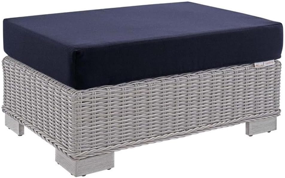 Bowery Hill Modern Outdoor Ottoman, 15"H x 32"W x 22"D, Rattan & Fabric, Light Gray/Navy Finish, Powder-Coated Aluminum Frame, Water & UV Resistant, Washable Cushions, Patio Furniture for Backyard or