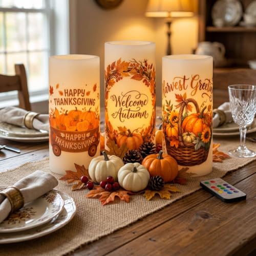 Image of 3PCS Orange Pumpkin Flameless Pillar Candle Battery Operated | Maple Leaf LED Candles with Timer Remote for Fall,Harves, Autumn,Thanksgiving