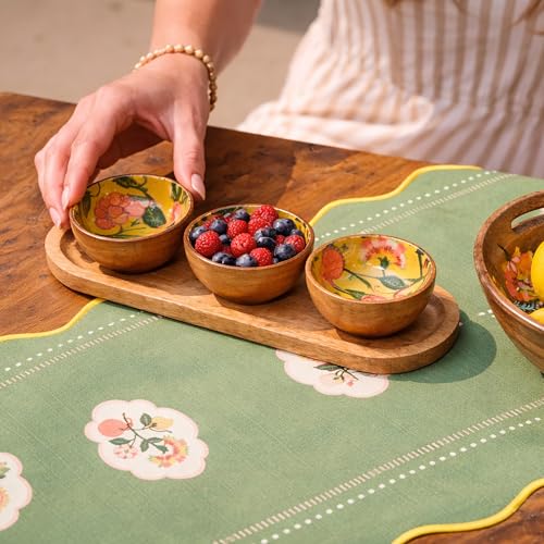 Image of Chumbak Limonata Trio Wooden Bowl Set | Citrus Collection | Mango Wood Trio Bowl Set | with Tray | Citrus Print | Food Safe | Chakna Serveware | Gifting Bowl Set