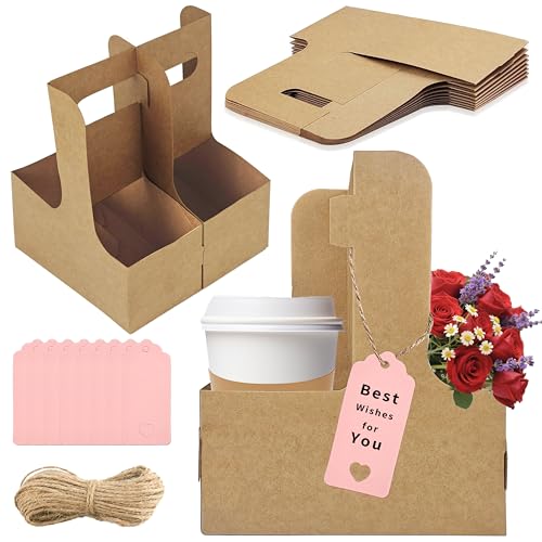 Turmaster 2 Cup Drink Carrier,8 Pack Coffee Cup Holders with Handle,Cardboard Cup Holders for Hot or Cold Drinks,Coffee Carrier with Ribbon and Card,Food Delivery Services and Bouquet(Kraft)