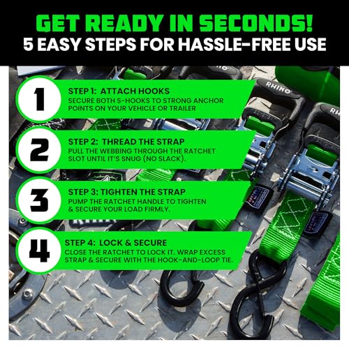 Image of Rhino USA Heavy Duty Ratchet Tie Downs (4-Pack) - 1.6in x 15ft, 5,000lb