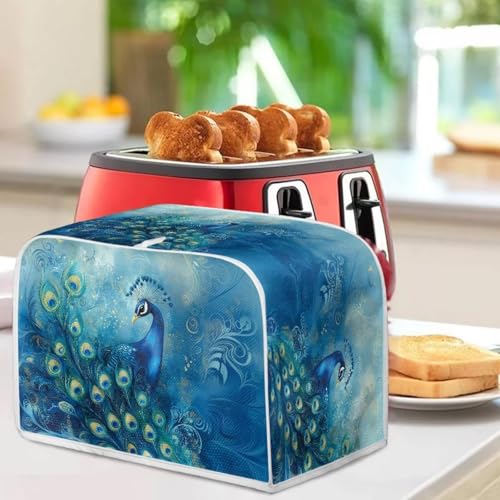 Image of Talayituse Blue Peacock Print Toaster Cover 2 Slice Wide Slot, Lightweight Dust Protection Washable Appliance Bag Bread Maker Cover, S