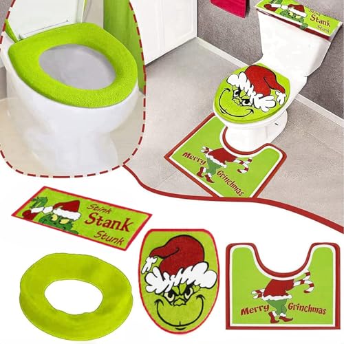 4 Pieces Christmas Toilet Seat Cover Decorations, Funny Red Green Elf Tank Cover, Toilet Lid Cover, Toilet Seat Cover and Non-Slip U-shaped Rug for Xmas Home Bathroom Christmas Decorations