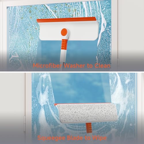 Image of Window Squeegee Cleaner Pole, 2-in-1 Window Cleaning Tool with 50 inch Extendable Pole Bendable Head Window Washing Equipment or Indoor Outdoor Window Glass Door Car Windshield (Cleaner with Pink Cloth)