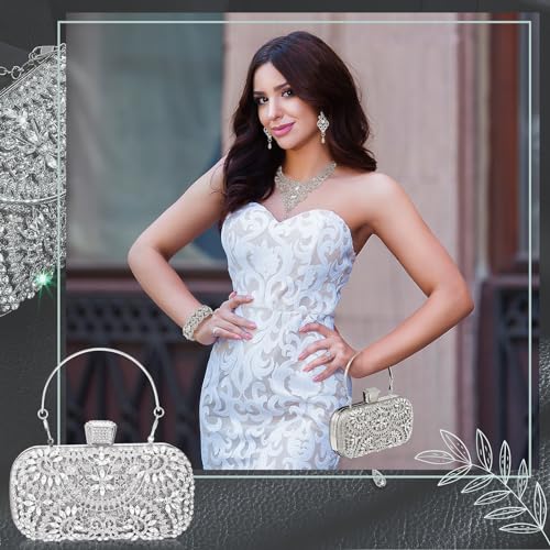 Image of Quelay 4 Pcs Purse Rhinestone Jewelry Set for Wedding Bridal Women Evening Clutch Bag Necklace Dangle Earrings Bracelets