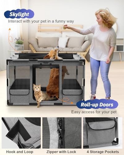 Dog Playpen, 43x43x26 Inches Puppy Playpen Portable with Top Cover, Thickened Fabric Tear Resistant Waterproof Bottom with Breathable Mesh Dog Fence for Indoor and Outdoor, Gray - Image 5