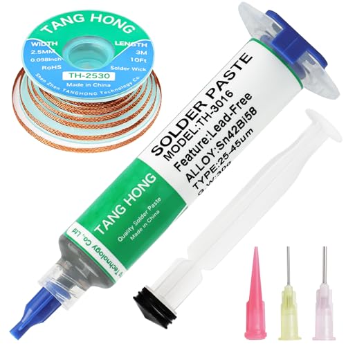 Image of TH-3016 Solder Paste & TH-2530 Solder Wick Set,Sn42% Bi58% Lead Free Solder Paste,138℃ Liquid Solder Paste 30g (1 Pack), 10Ft Desoldering Wick Braid (1 Pack),For electronic Soldering