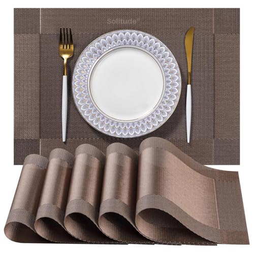 Image of Solitude Placemats Set of 6 Dining Table Place Mats | Placemats Table Mat PVC Material | Non-Slip Heat Resistant | Dining Tablemates Washable Anti-Skid | Size 45 x 30 CM (Brown)