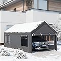 JAMFLY 12x20 ft Carport, Heavy Duty Carport with Roll-up Windows, Portable Garage with Removable Sidewalls & Doors, Car Canopy with Sandbags and All-Season Tarp for Car, Truck, Boat, Motorcycle, Grey
