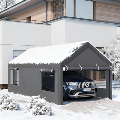 JAMFLY 12x20 ft Carport, Heavy Duty Carport with Roll-up Windows, Portable Garage with Removable Sidewalls & Doors, Car Canopy with Sandbags and All-Season Tarp for Car, Truck, Boat, Motorcycle, Grey