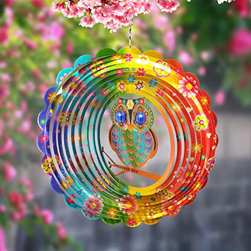 Image of FONMY Wind Spinner Mandala Owl 12 inch 3D Stainless Steel Laser Cut Metal Art Geometric Pattern Hanging Wind Spinner, Kinetic Yard Art Decorations - Indoor /Outdoor Decor