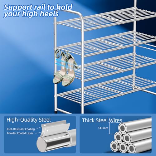 SUFAUY 4 Tier Shoe Rack, Closet Metal Shoe Rack Organizer Heavy Duty, Stackable, Silver - Thumbnail 6
