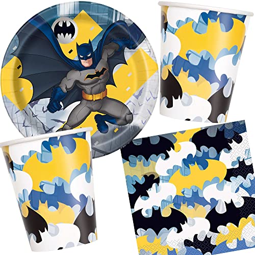 Carpeta Kit de fête 33 pièces « Batman » pour anniversaire d'enfant avec assiettes, gobelets, serviettes et décoration - Pour anniversaire d'enfant