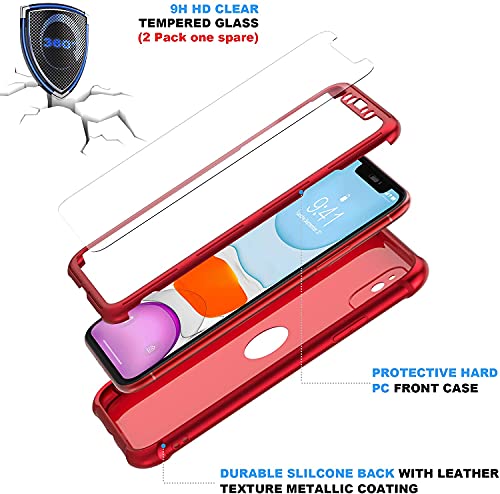 Image of ORETECH Designed for iPhone 11 Case, with[2 x Tempered Glass Screen Protector] 360A‚ Full Body Heavy Duty Shockproof Protection Cover Hard PC Soft Rubber Silicone for iPhone 11 (2019) - 6.1'- Red