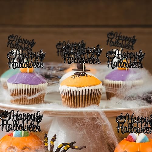 Gyufise 24pcs Happy Halloween Cupcake Toppers with Pumpkin Ghost Black Glitter Cupcake Picks for Kids' Themed Birthday Parties - Image 6