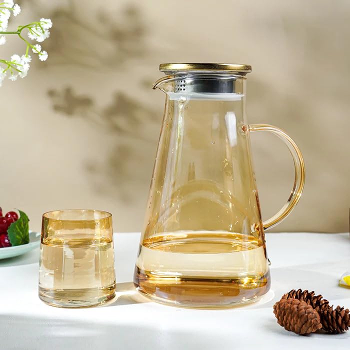 Image of 2 Liter Premium Juice and Water Brown Glass Pitcher jug with Lid Style jug with Handle Water, ice Lemon Tea, Milk and Juice Beverage
