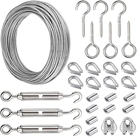 15m Garden Wire Pergola Kits, Heavy Duty Picture Hanging Wire Fencing, Stainless Steel Cable Railing Metal Wire Rope Clamps Sleeves Hooks Turnbuckle Wire Tensioner Trellis For Climbing Plants(28pcs) Cover