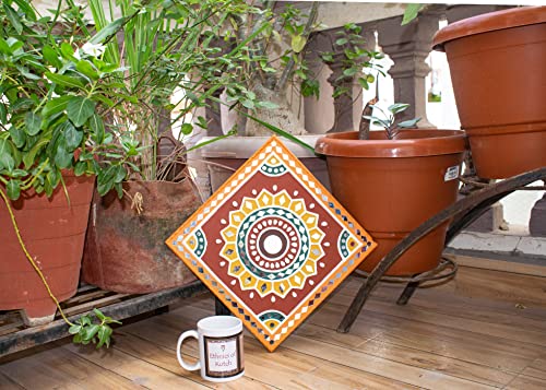 Image of Ethnics of Kutch Traditional Kutch Handicraft Mud-Mirrorwork Lippan Kam Wall Art (Water and Break Resistant) - Square (12 inch x 12 inch) - (Orange - LKT-0214)