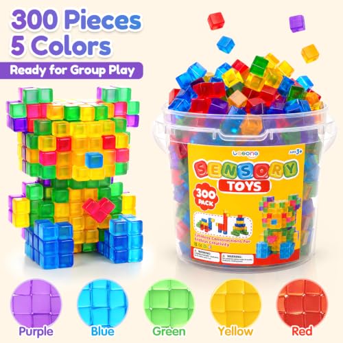 Image of LESONG Mini Sticky Stacking Cubes for Kids: 300 PCS Bulk Classroom Sharing Set, Washable Squishy Sensory Building Toy with Storage Bucket, 0.39 Inch Cubes for Group Play, Sorting, 2D & 3D Builds